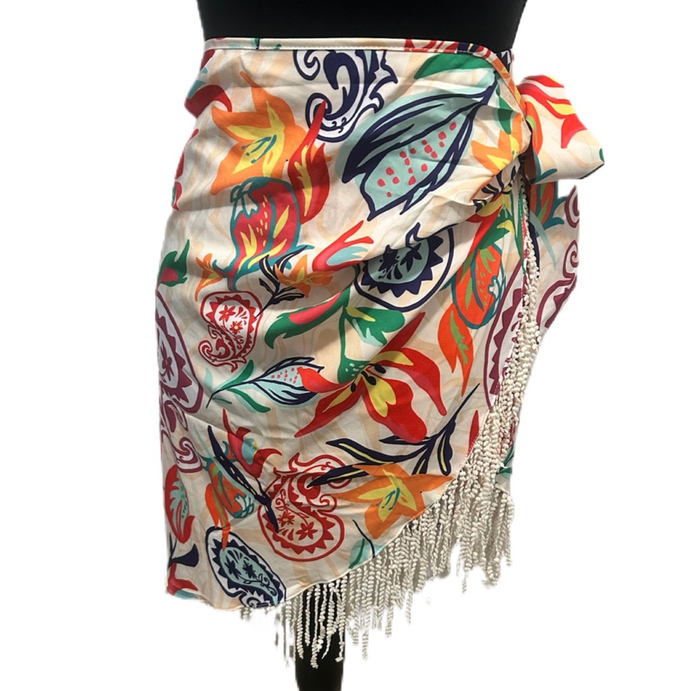 SHEIN Multicolor Floral Swim Sarong with Fringe skirt